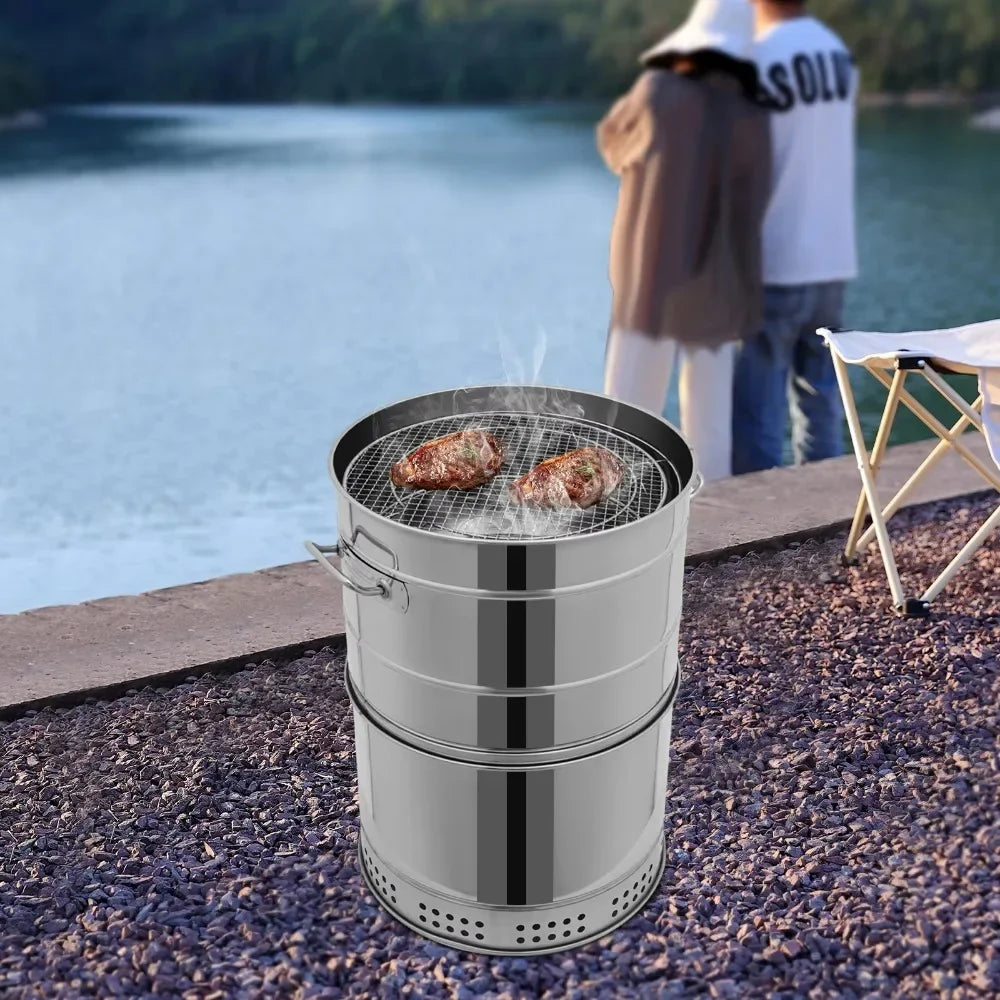 Portable Smokeless Charcoal Grill Stainless Steel 360 Degree Barbecue Barrel