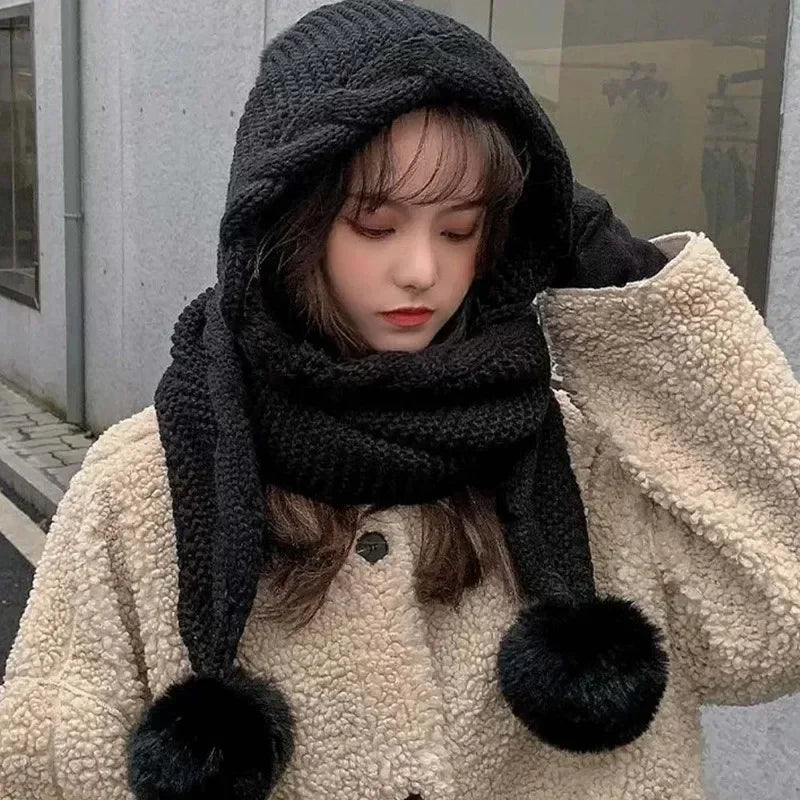 CN Sichuan Winter 2in1 Knit Hat With Scarf Balaclava For Women