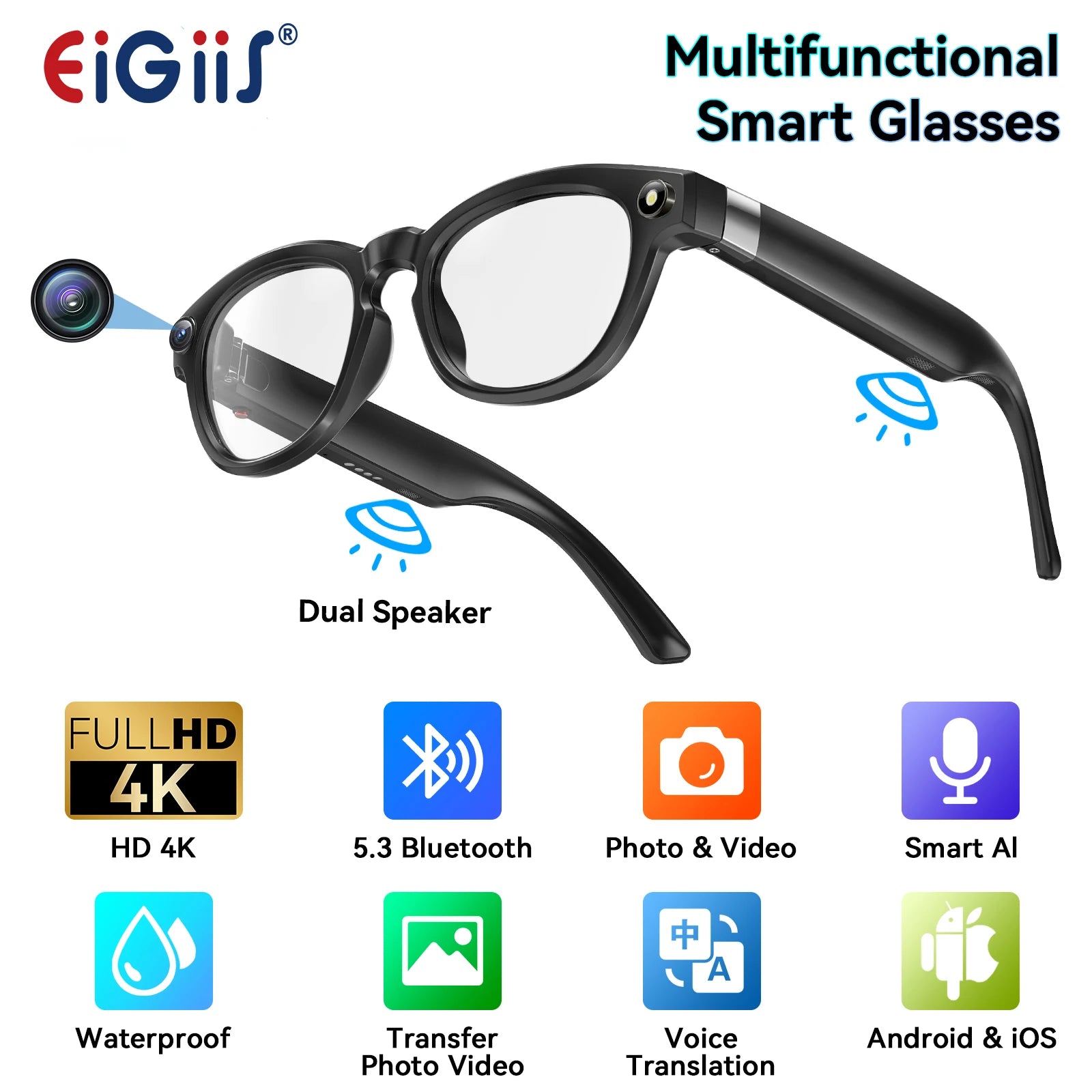 EIGIIS AI Smart Glasses Bluetooth Calling With AI Voice Translate - Arthur's Wellness Emporium