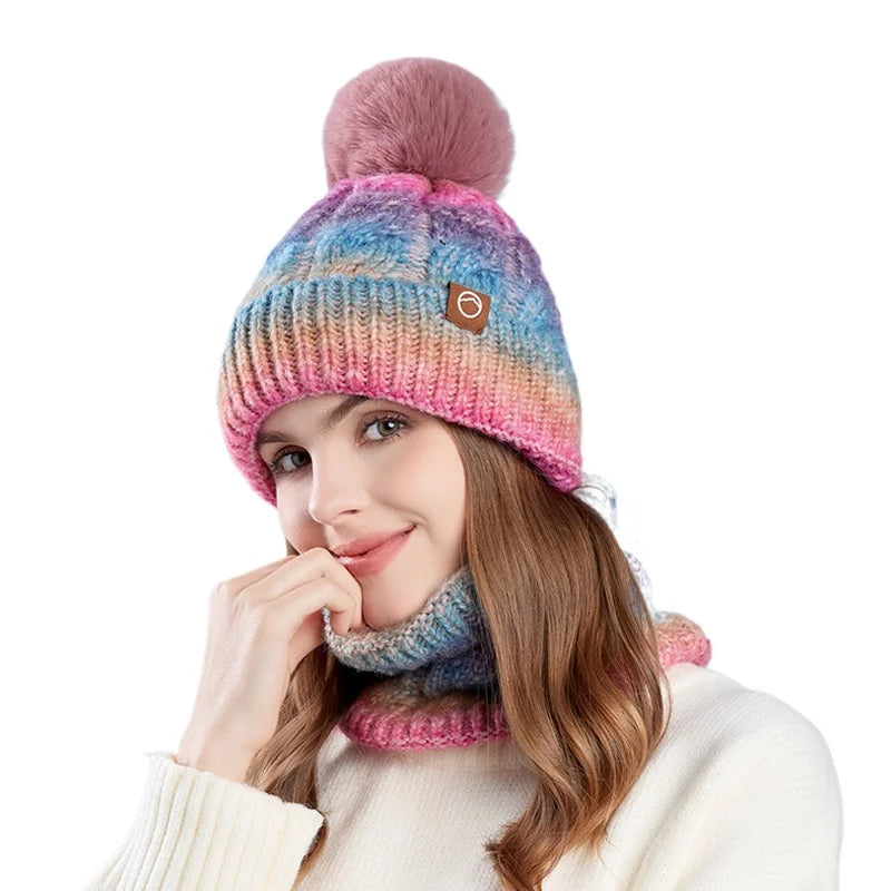 Winter Warm Hat And Scarf Set For Women Fleece Knit Two Piece