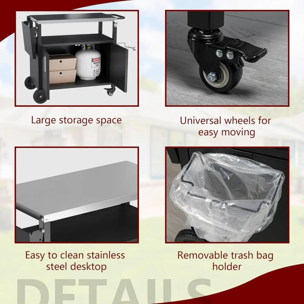 Outdoor Grill Cart Storage Kitchen Island Foldable Stainless Steel Top