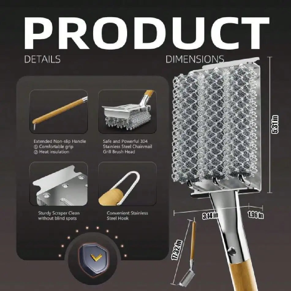Stainless Steel Grill Brush And Scraper With 3 Replacement Heads
