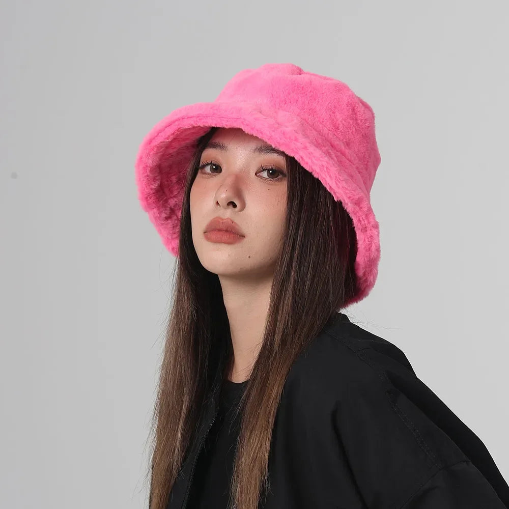 XIADAILACN Leopard Fur Bucket Hat Women Winter Warm Plush