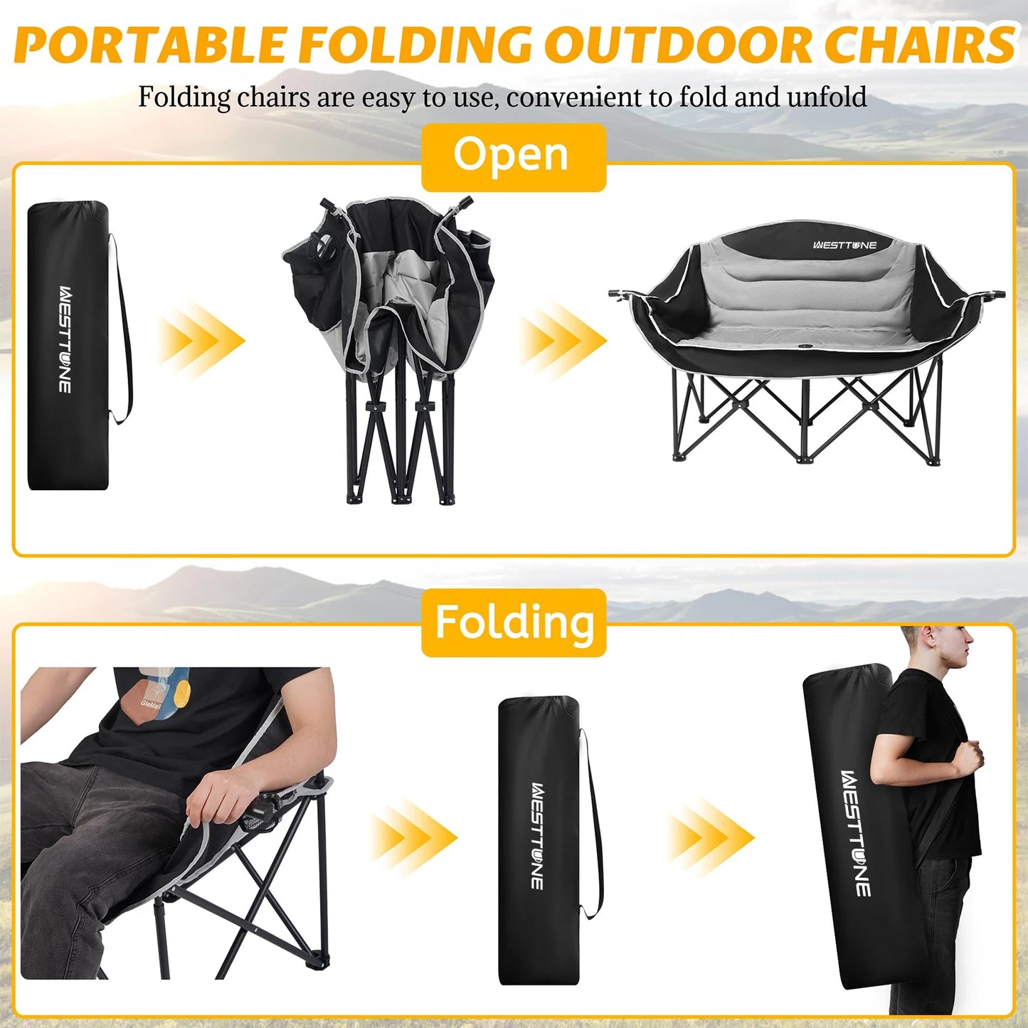 WESTTUNE Double Camping Chair Outdoor Folding Sofa With Cup Holder - Arthur's Wellness Emporium