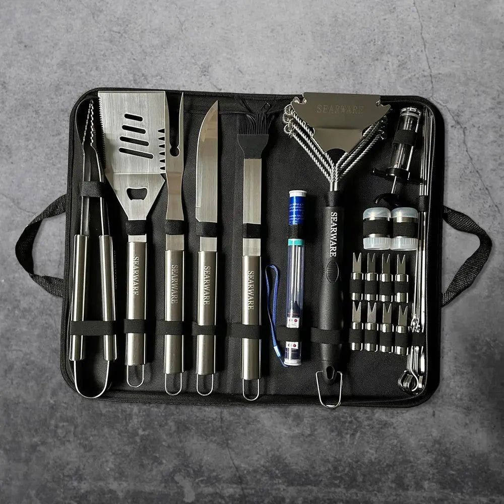 Stainless Steel BBQ Tool Set With Gloves Skewers Thermometer