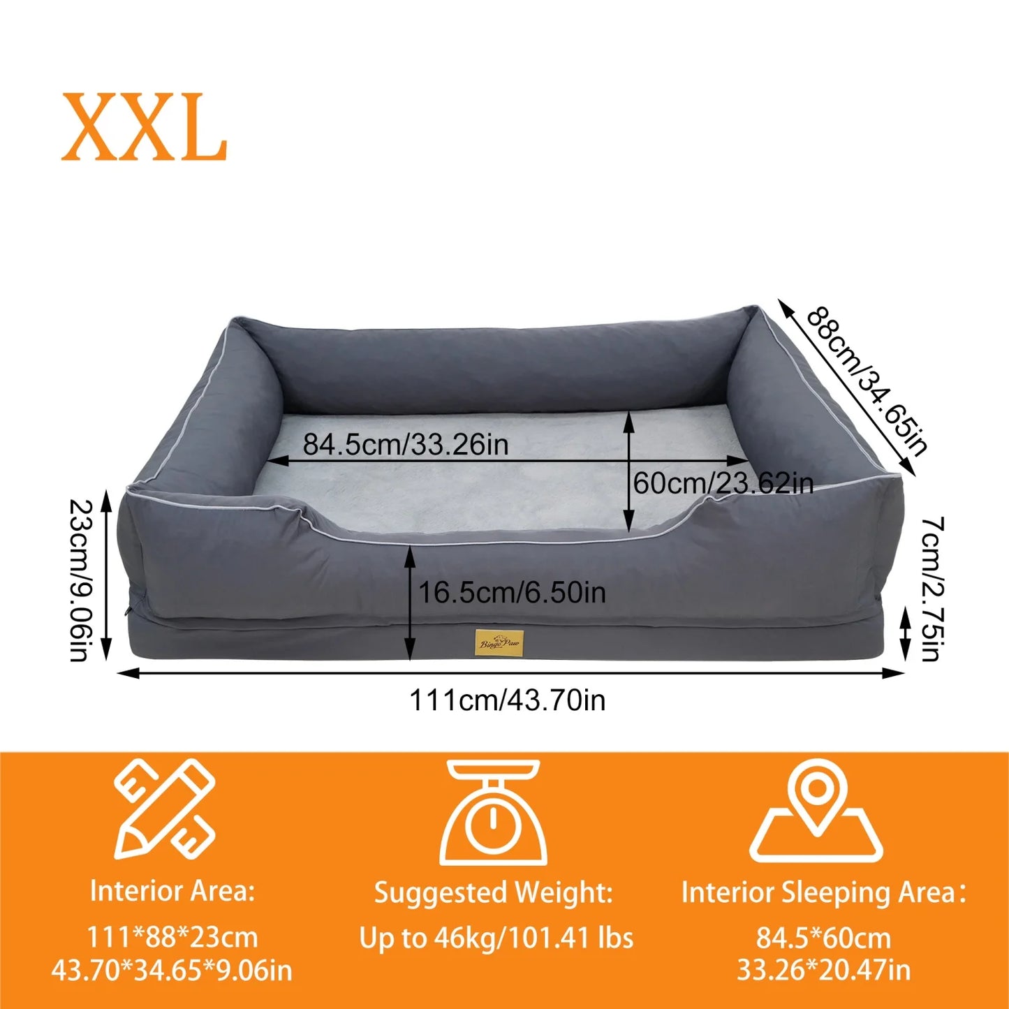 BINGOPAW Rectangular Orthopedic Dog Bed With Bolster And Waterproof Lining