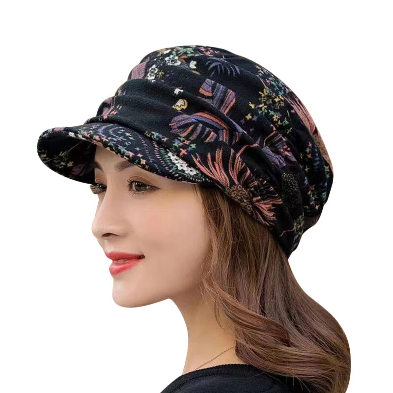 GOMYIE Women Peaked Earflap Wool Winter Cap With Floral Print