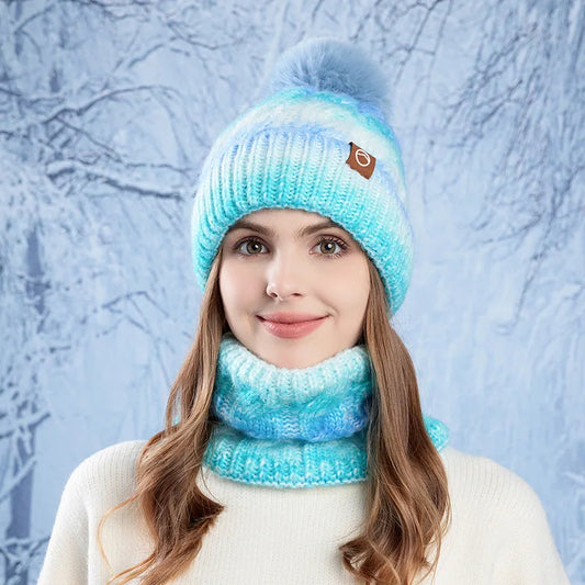Winter Warm Hat And Scarf Set For Women Fleece Knit Two Piece