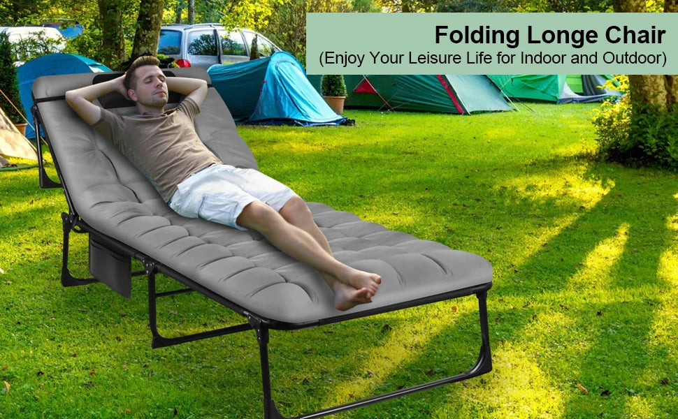 Portable Folding Camping Cot Three-Position Adjustable Lounge Chair With Pillow - Arthur's Wellness Emporium