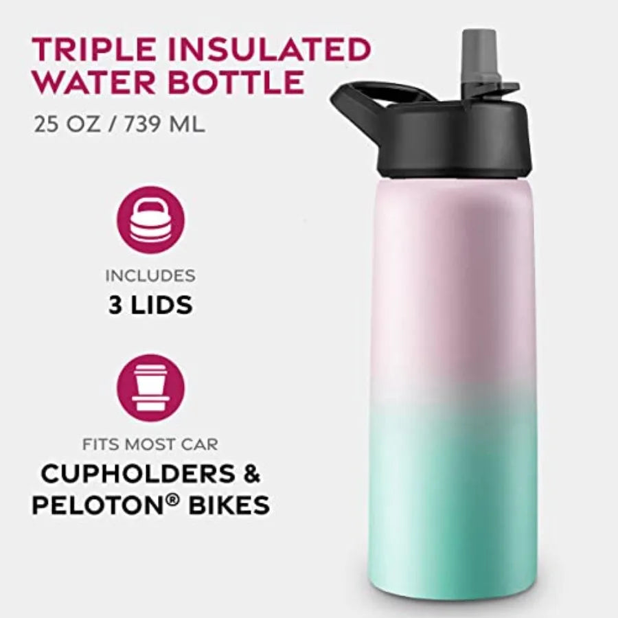 Insulated Stainless Steel Water Bottle with Straw and 3 Lids - Arthur's Wellness Emporium