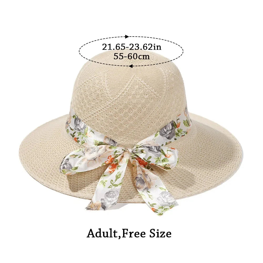 Women Summer Sun Hat Beach Ribbon Fisherman Straw Hat - Arthur's Wellness Emporium
