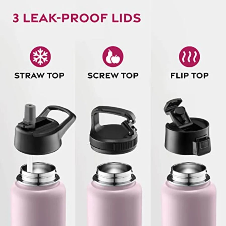 Insulated Stainless Steel Water Bottle with Straw and 3 Lids - Arthur's Wellness Emporium