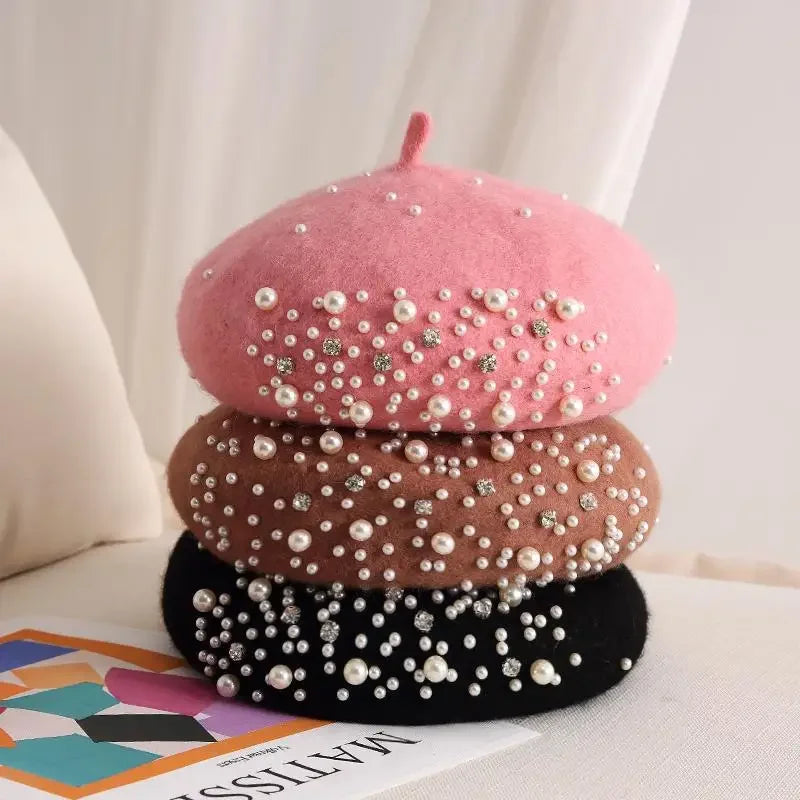 Woolen Pearl Beret For Women Winter Hat Korean British Retro
