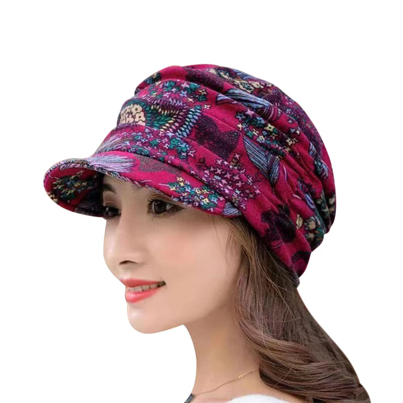GOMYIE Women Peaked Earflap Wool Winter Cap With Floral Print