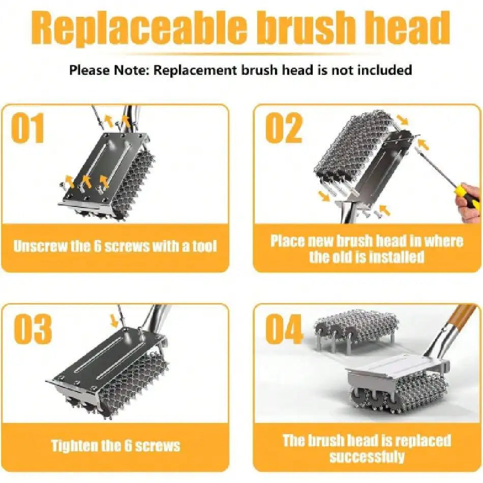 Stainless Steel Grill Brush And Scraper With 3 Replacement Heads
