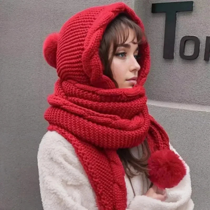 CN Sichuan Winter 2in1 Knit Hat With Scarf Balaclava For Women