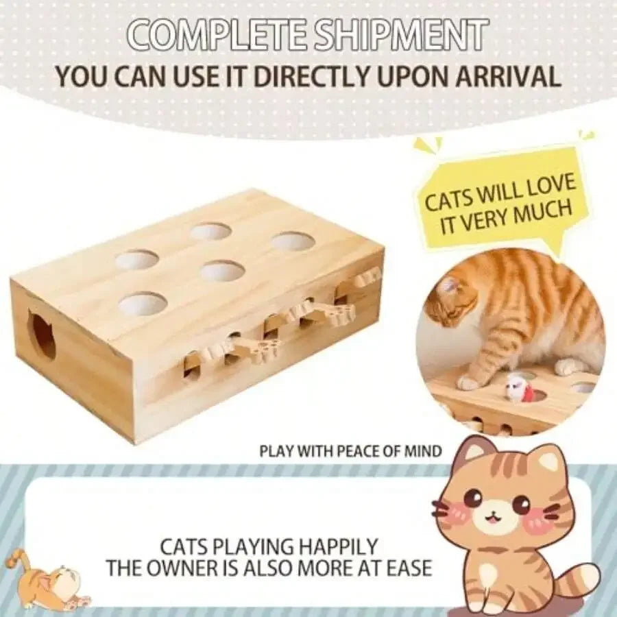 Wooden Cat Puzzle Box Toy With Pop Up Holes And Hanging Balls