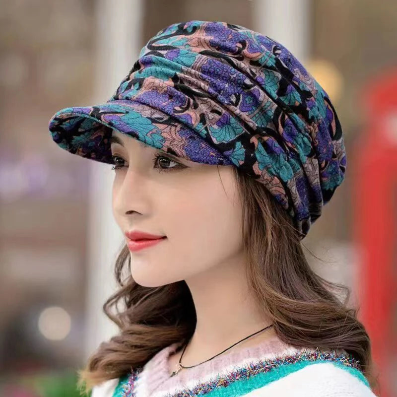 GOMYIE Women Peaked Earflap Wool Winter Cap With Floral Print