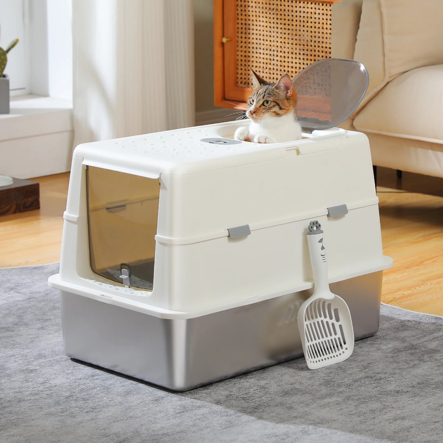 Stainless Steel Cat Litter Box With Scoop High Sides Indoor - Arthur's Wellness Emporium