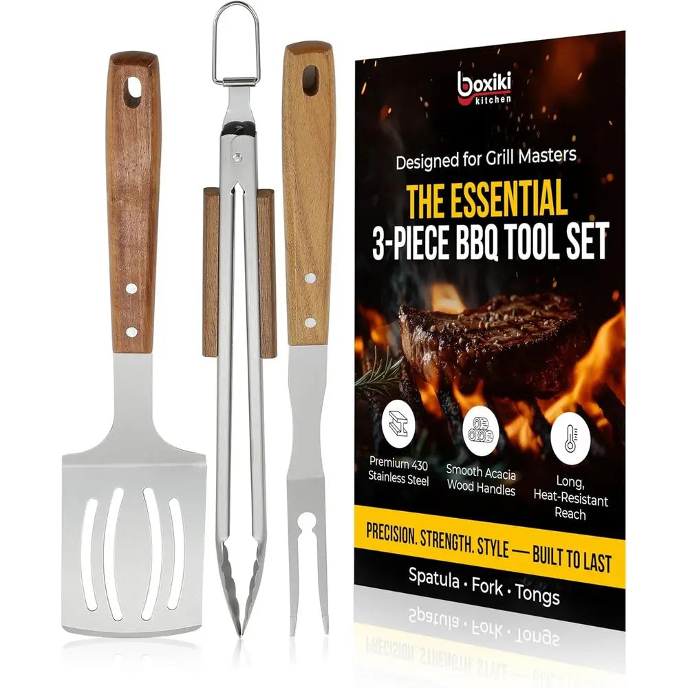 Acacia Wood Handle 3 Piece Stainless Steel BBQ Tool Set