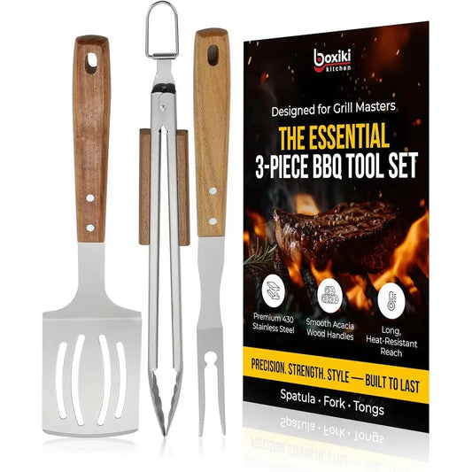 Acacia Wood Handle 3 Piece Stainless Steel BBQ Tool Set - Arthur's Wellness Emporium
