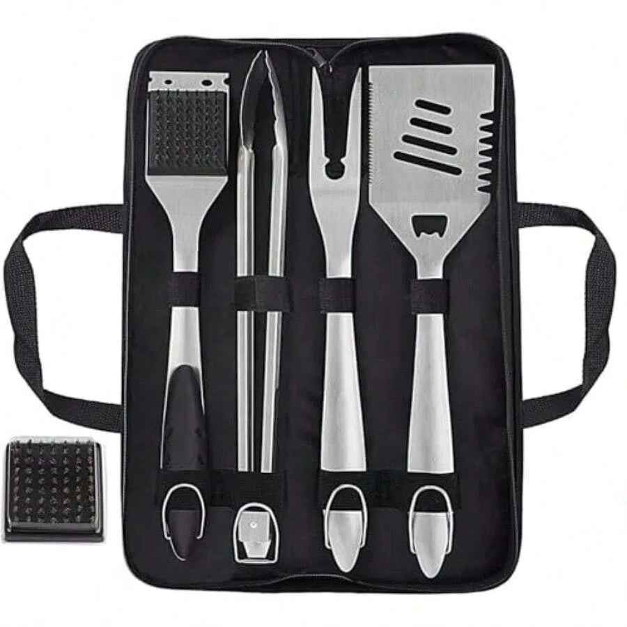 Eight Piece Stainless Steel BBQ Grill Set Spatula Fork Tongs