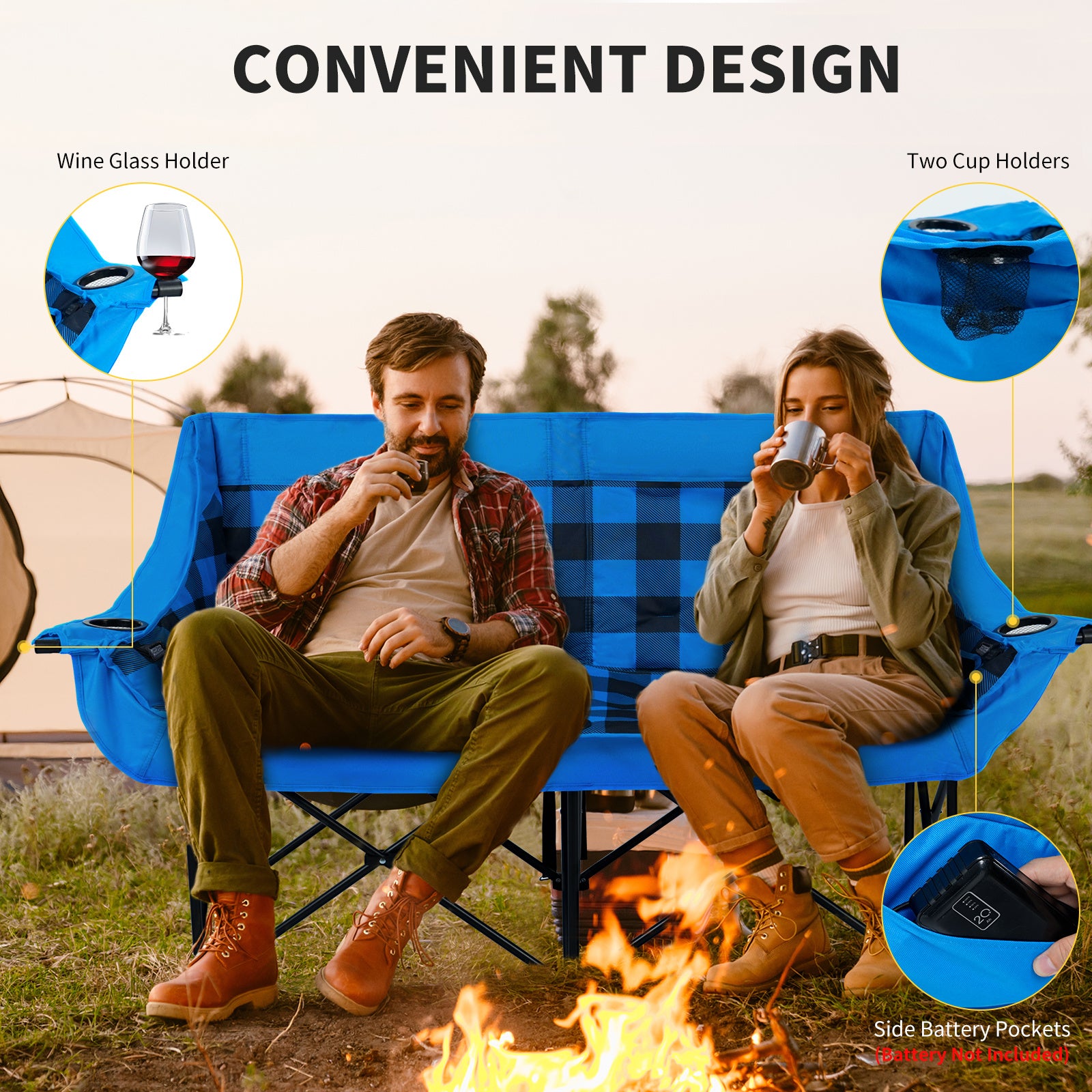DOCRED Heated Double Camping Chair Loveseat Folding Two Person - Arthur's Wellness Emporium